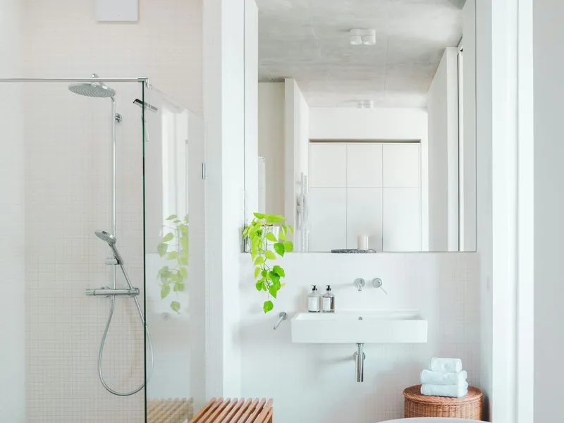 A bright bathroom under a skylight