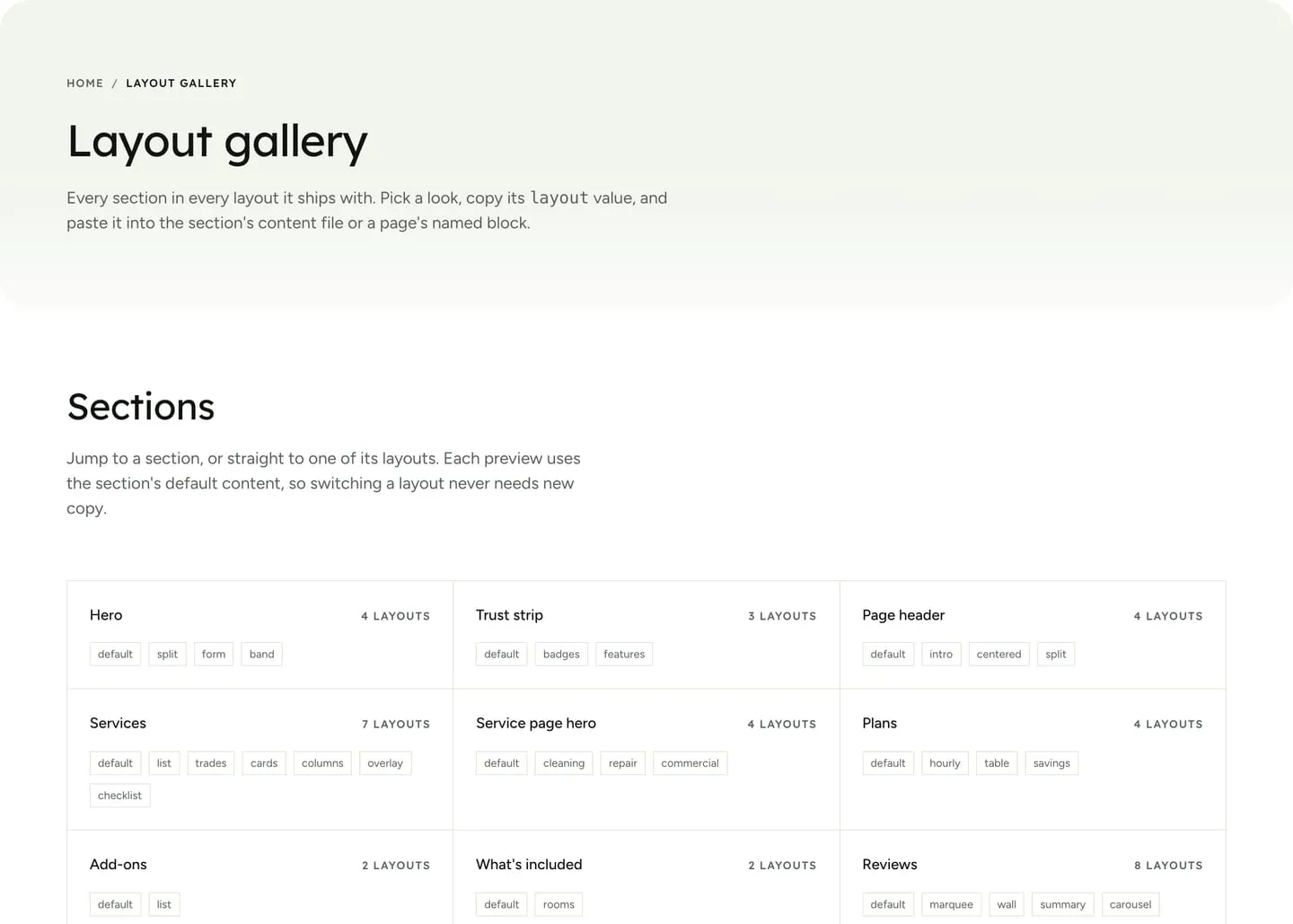 The layout gallery page, listing every section with its layouts