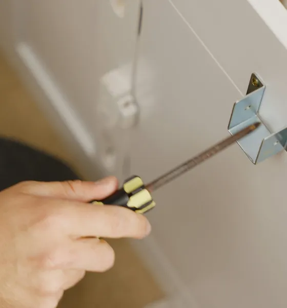 A hand driving a screw into a cabinet bracket