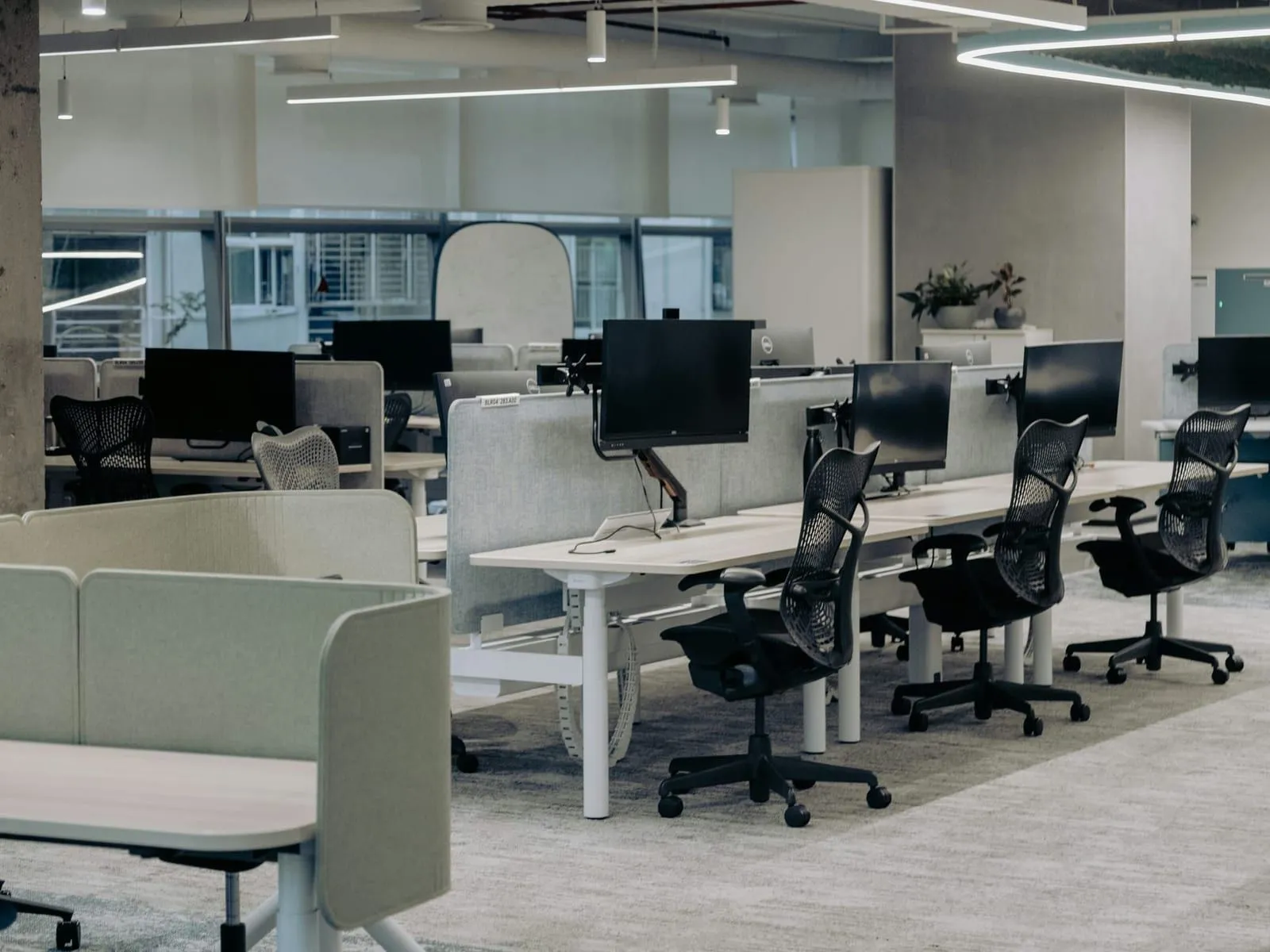 The same office after: desks and screens wiped, carpet vacuumed
