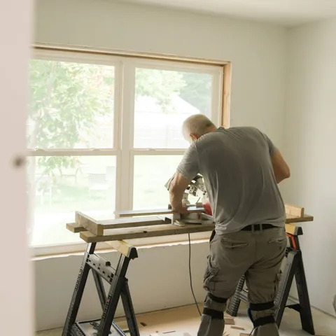A pro cutting trim at a saw bench