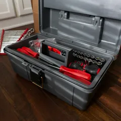 An open toolbox with hand tools